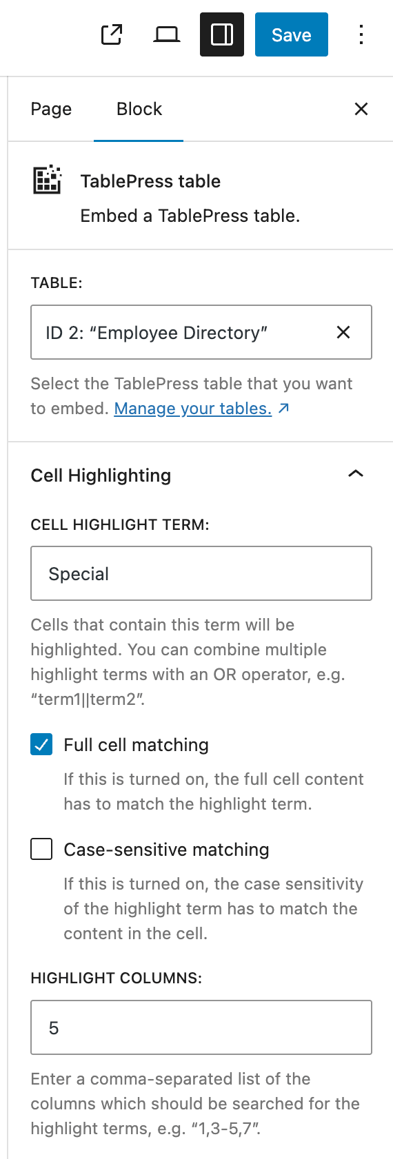 The available settings for the Cell Highlighting module in the "Settings" sidebar of the "TablePress table" block.