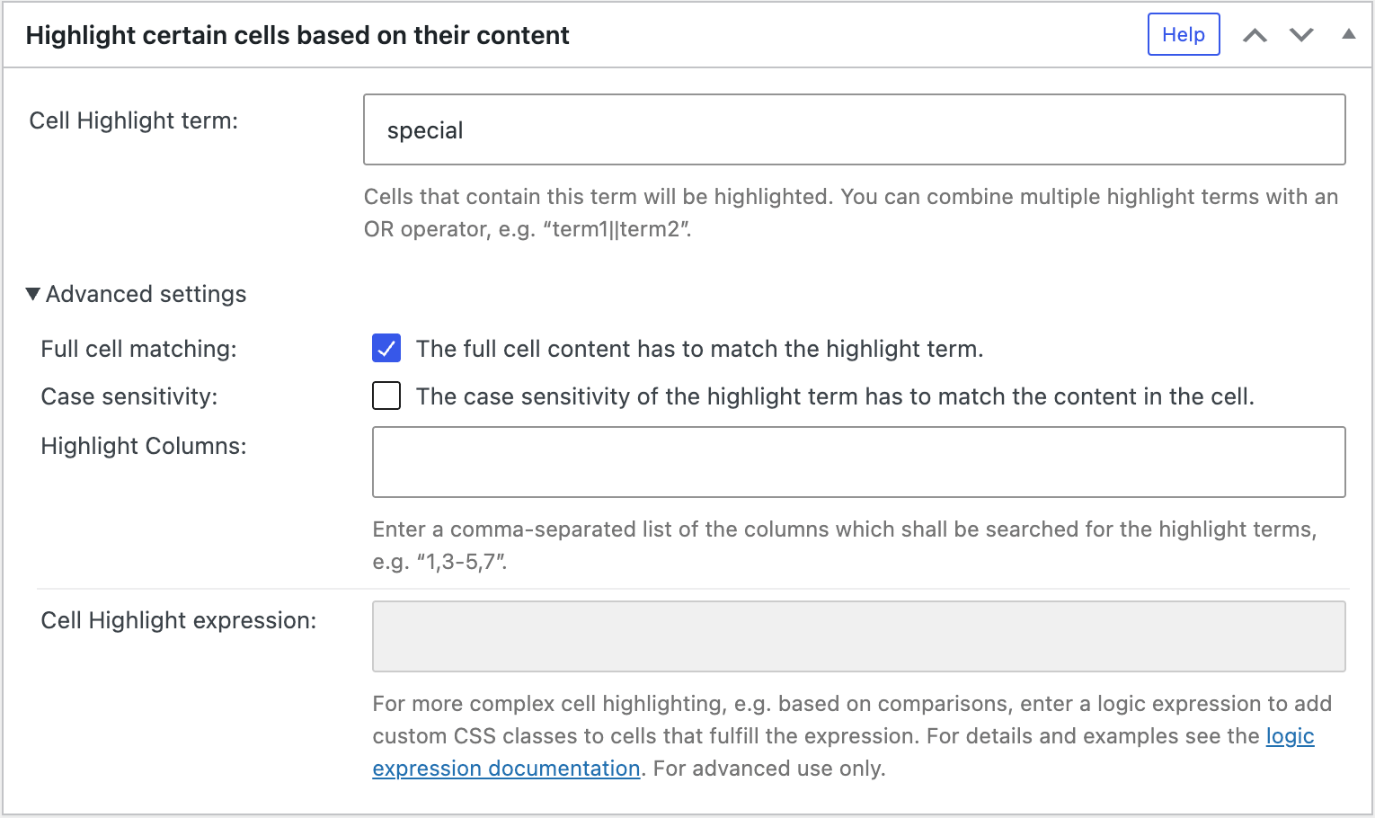 Screenshot of the "Cell Highlighting" configuration section in the TablePress Premium versions.