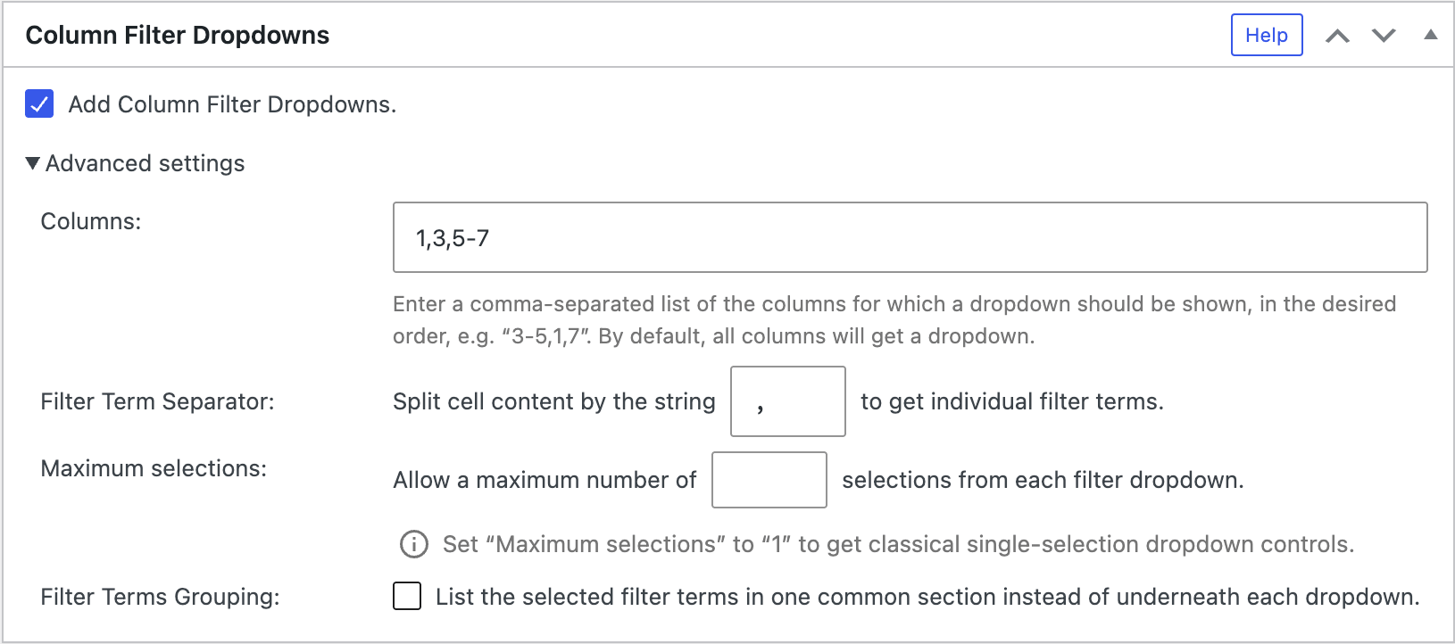 Screenshot of the "Column Filter Dropdowns" configuration section in the TablePress Premium versions.
