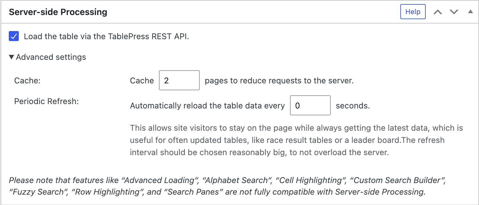 Screenshot of the "Server-side Processing" configuration section in TablePress Max.