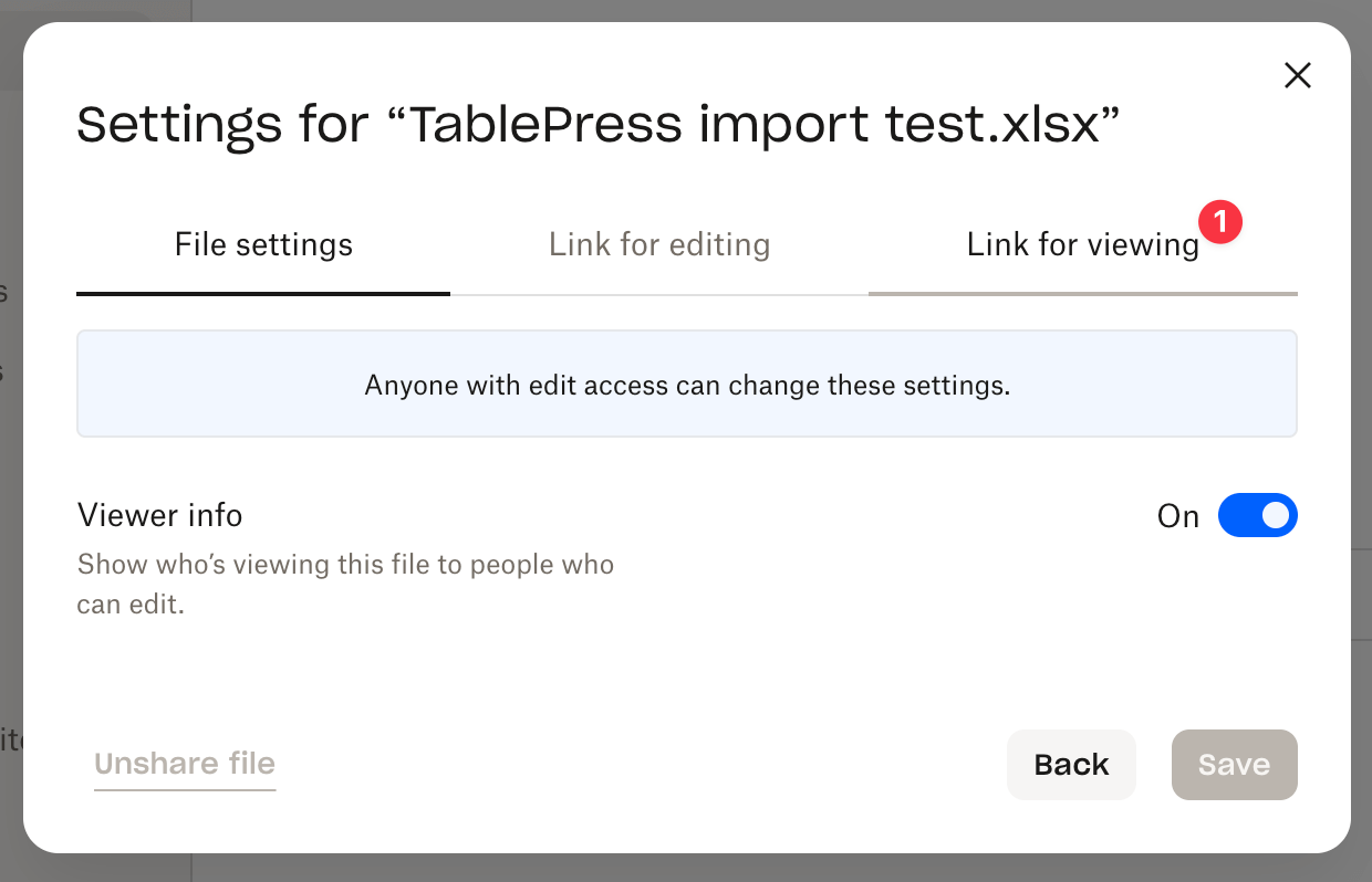 Switching to the "Link for viewing" tab in the "Sharing Settings" dialog of Dropbox.