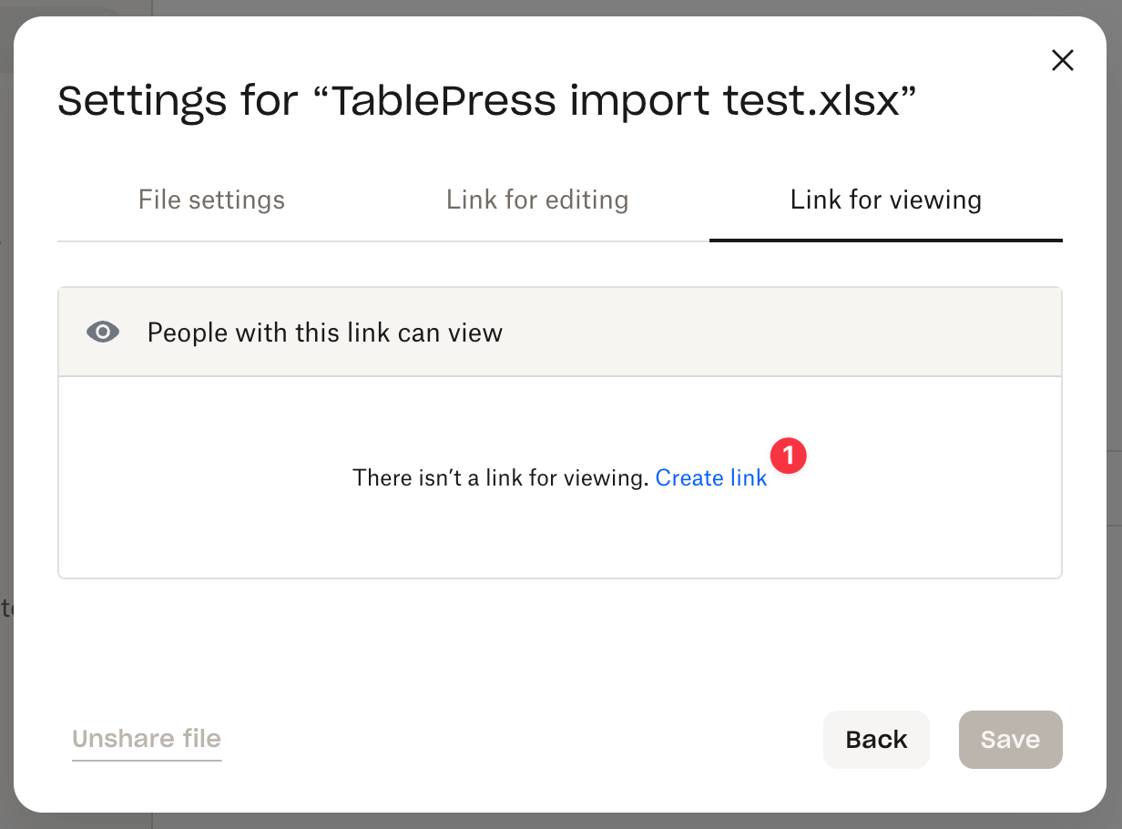 Creating a link for viewing in the Dropbox sharing settings.