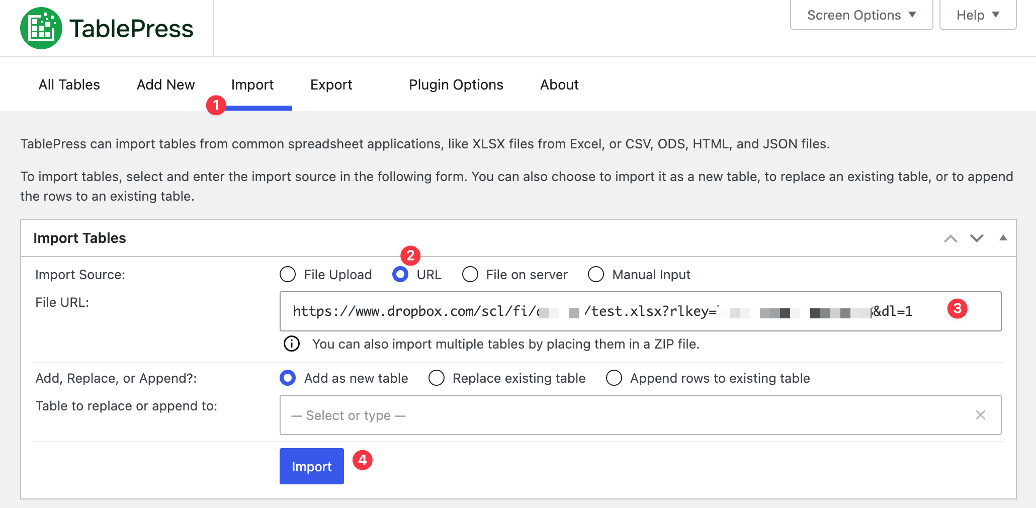 Importing a TablePress table from the generated Sharing URL of a file in Dropbox.