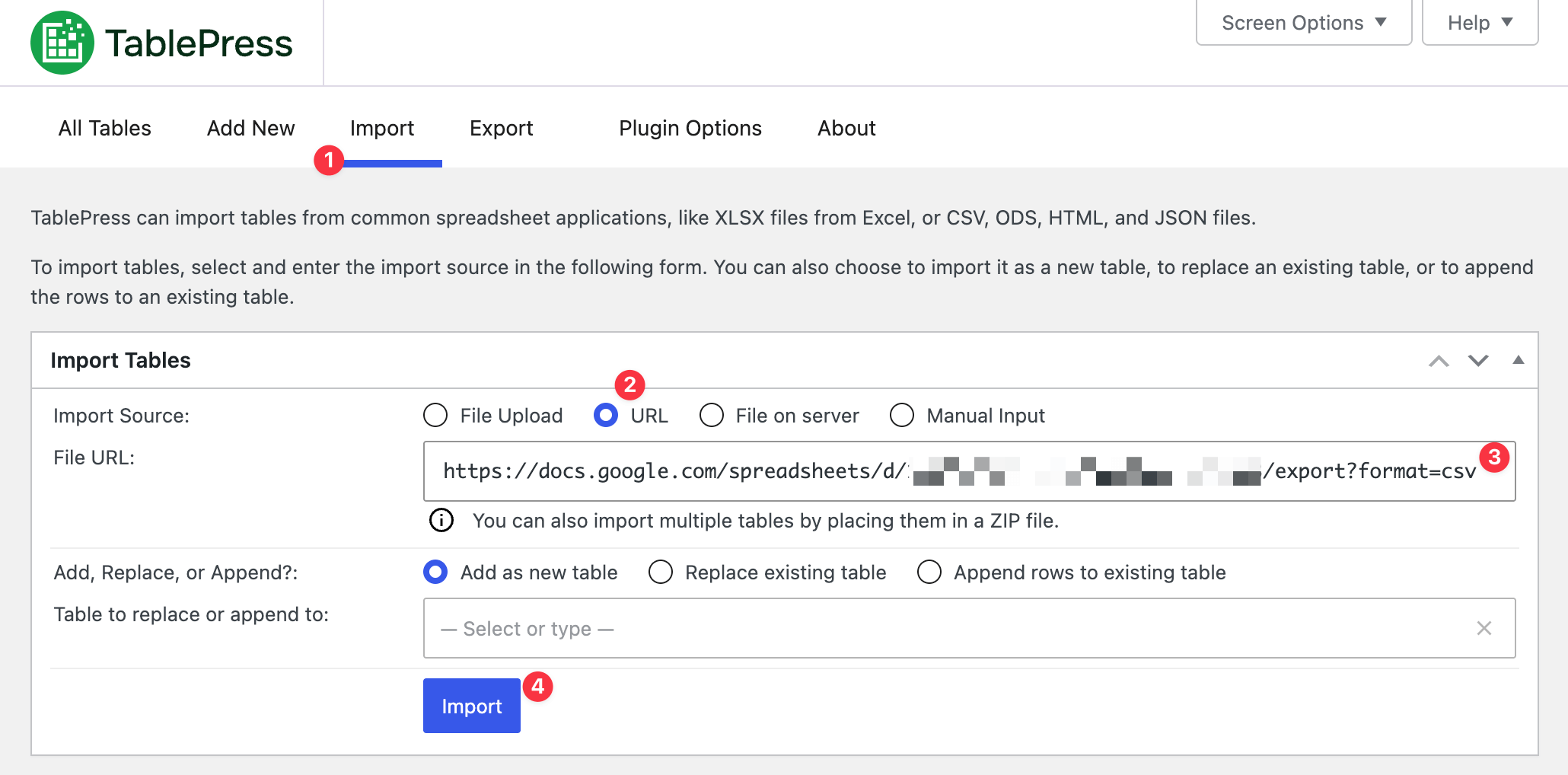 Importing a TablePress table from the generated Sharing URL of a Google Sheets worksheet.