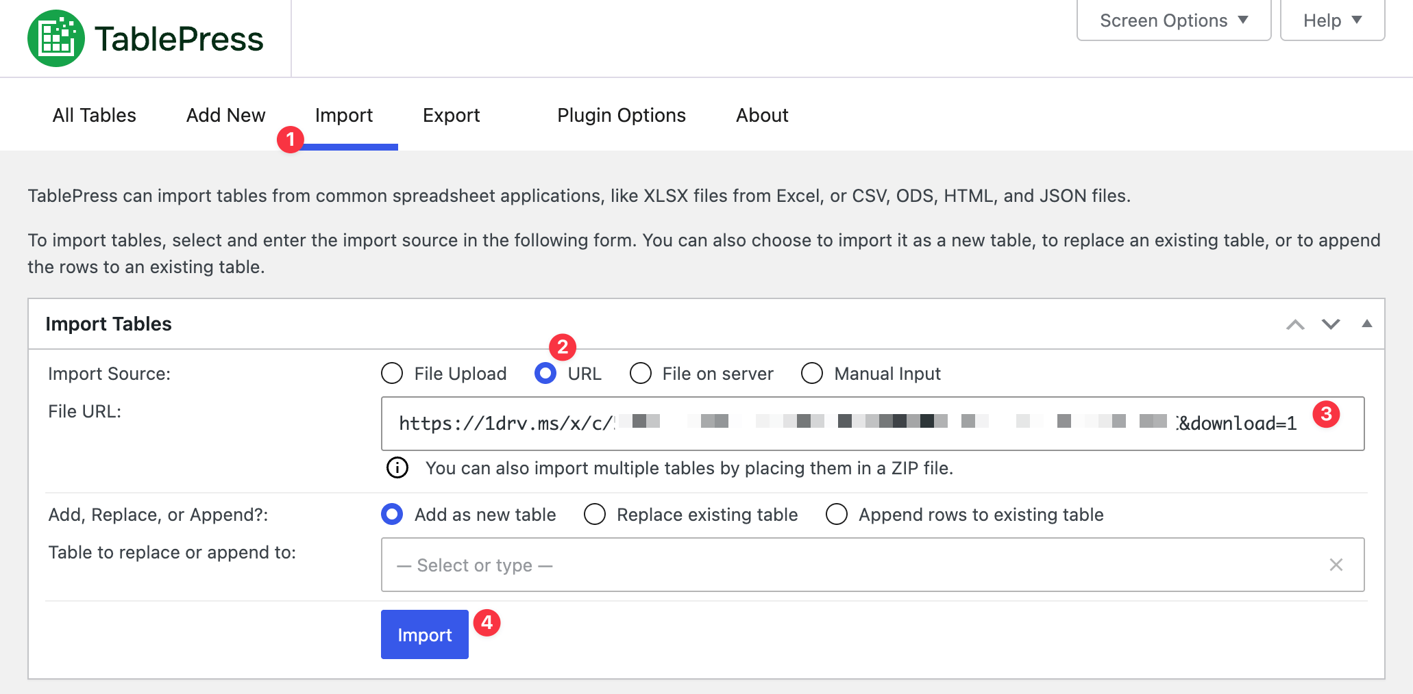 Importing a TablePress table from the generated Sharing URL of a Microsoft Excel Online worksheet.