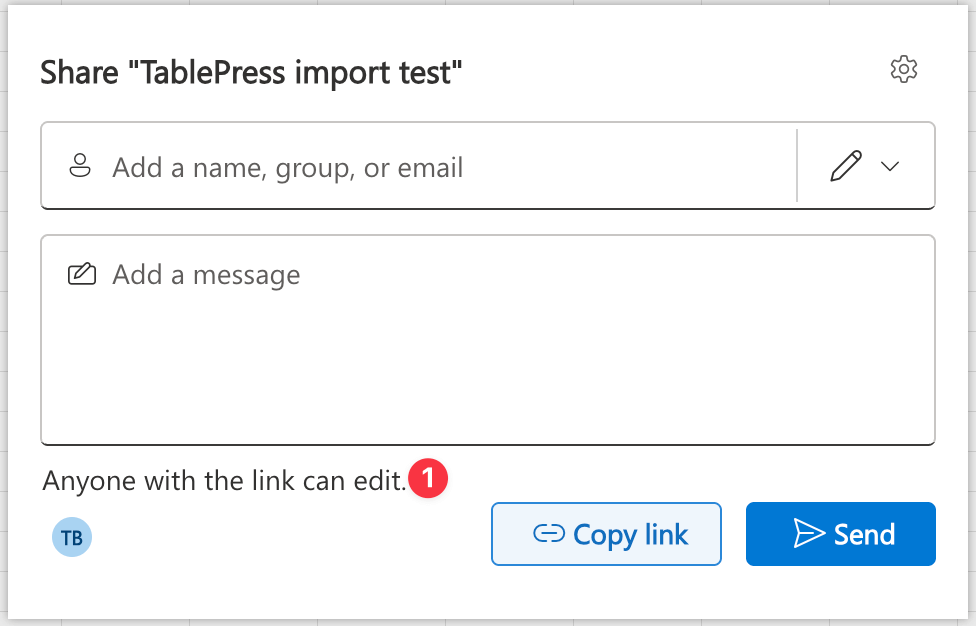 The "Share" dialog in Microsoft Excel Online.