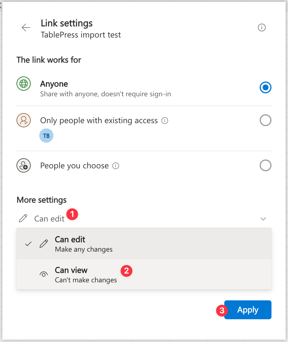Changing the "Sharing settings" in Microsoft Excel Online.