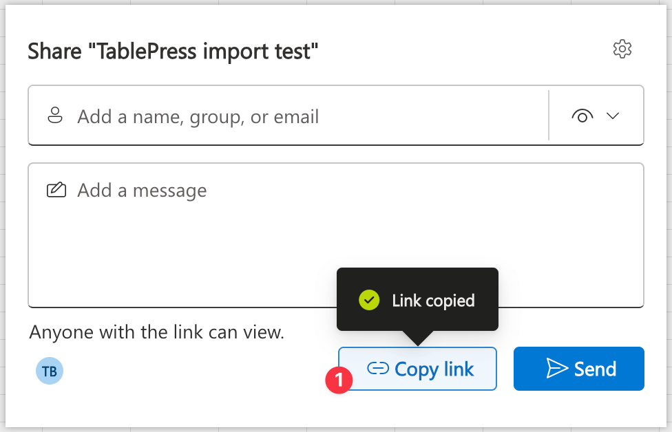 Copying the "View" link in Microsoft Excel Online.
