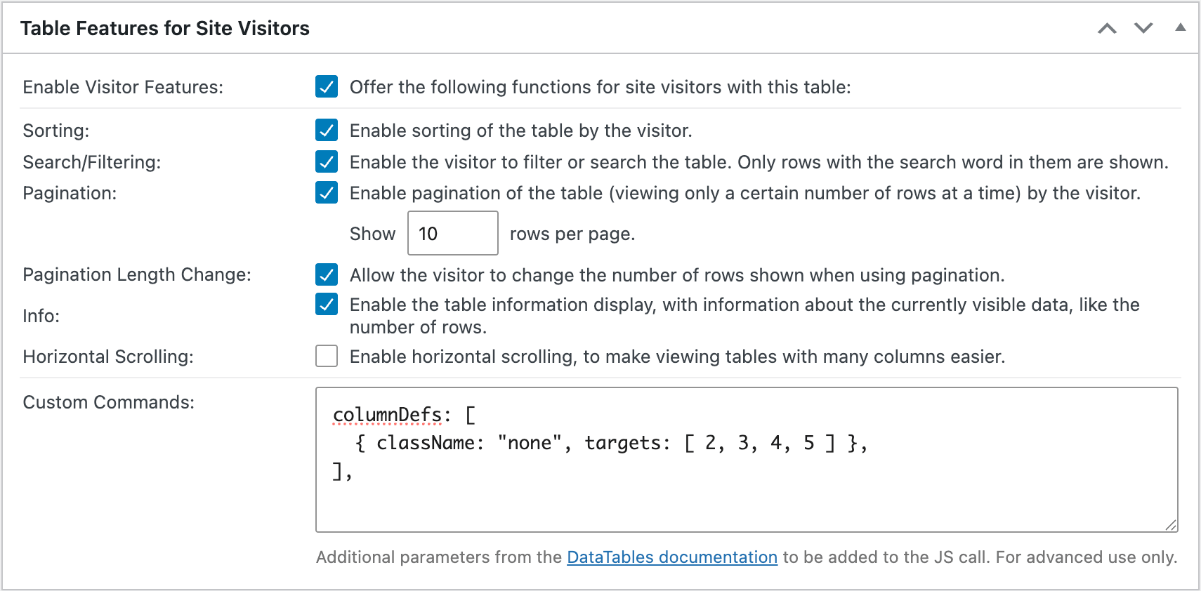 Screenshot of the "Table Features for Site Visitors" configuration section on a table's "Edit" screen, with a "Custom Command" to collapse columns.