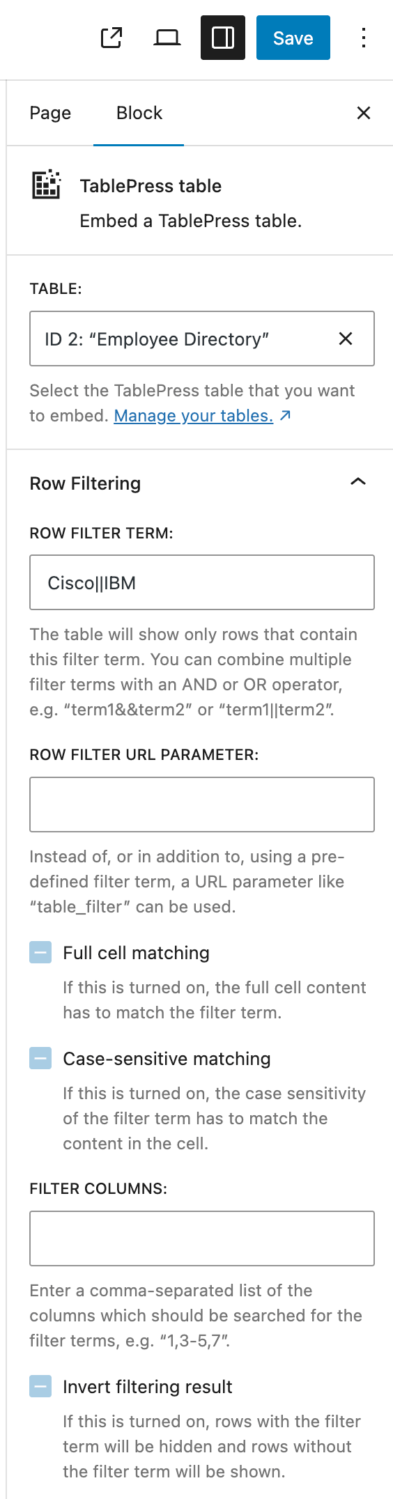 The available settings for the Row Filtering module in the "Settings" sidebar of the "TablePress table" block.