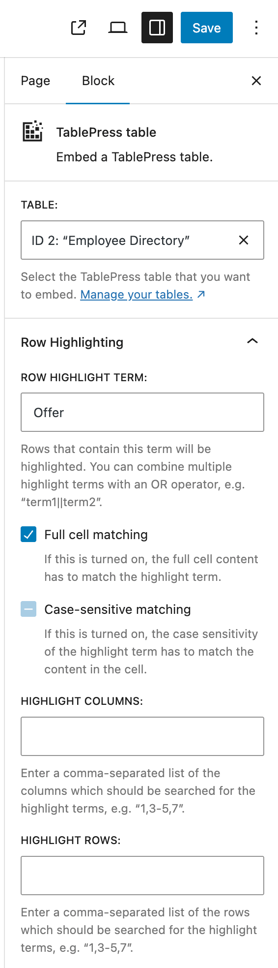 The available settings for the Row Highlighting module in the "Settings" sidebar of the "TablePress table" block.
