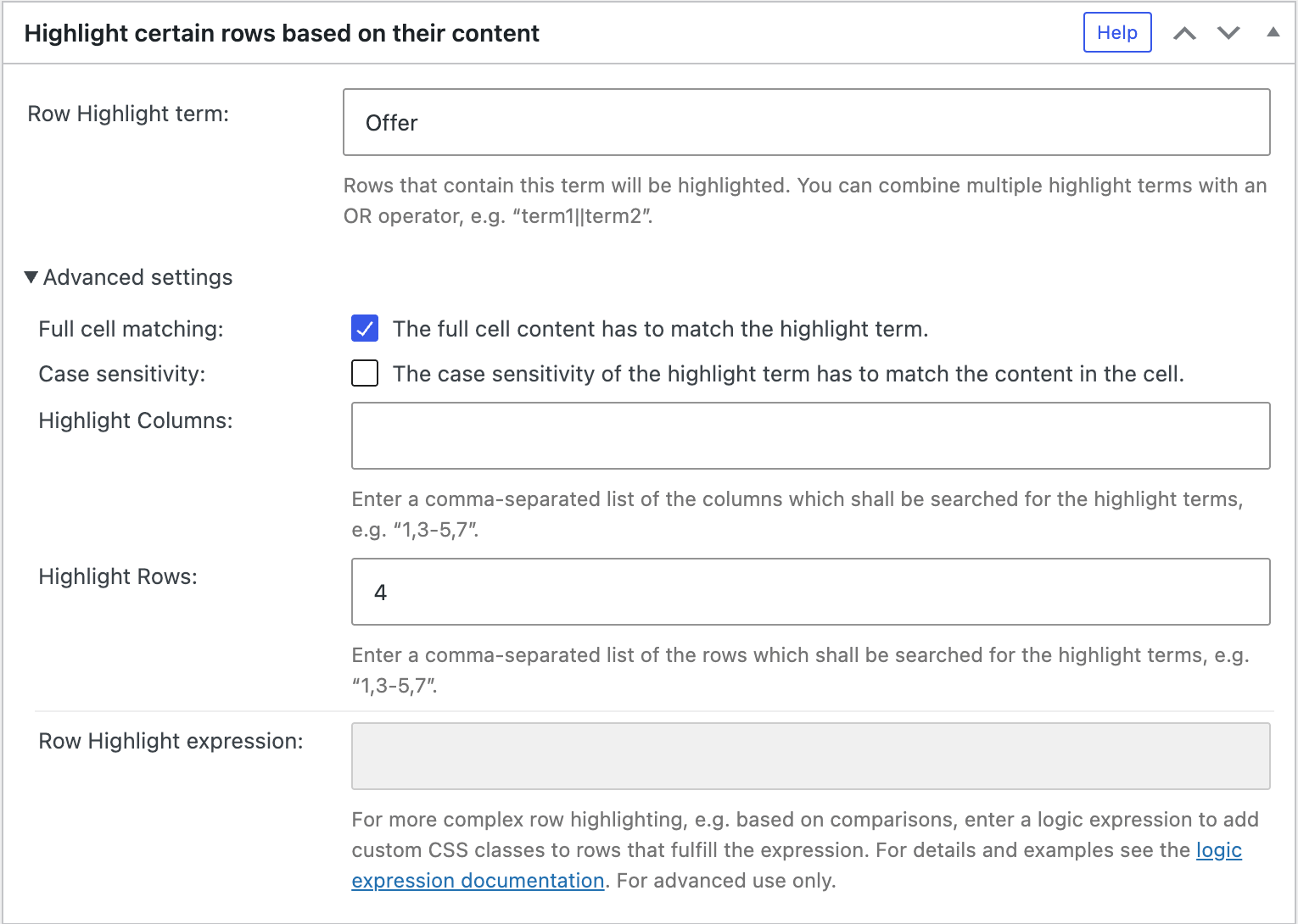 Screenshot of the "Row Highlighting" configuration section in the TablePress Premium versions.